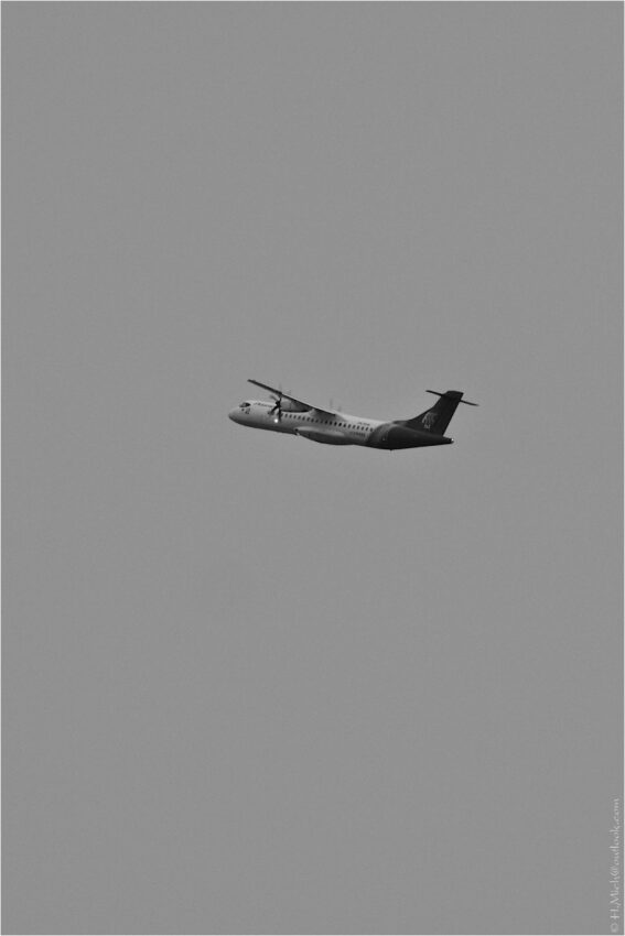 StudioOne Repo – Fotografia PB de um avião voando no céu.